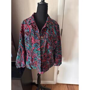 Chico’s Bold Abstract Art Jacket Vibrant Pink/Teal Eclectic Statement Plus Size
